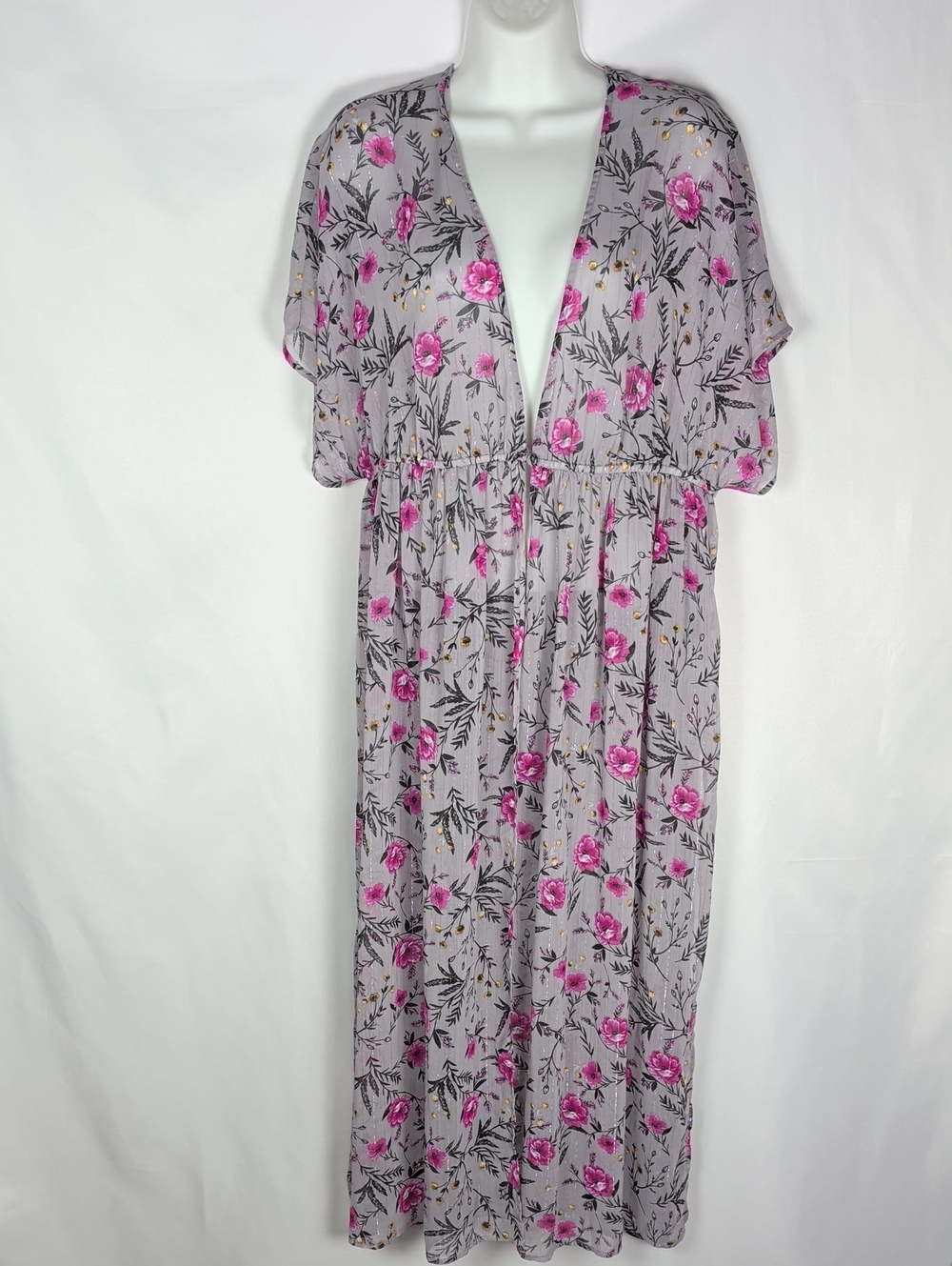 Torrid Grey Floral Lurex Maxi Duster Kimono Shimmer Chiffon Plus Size 00/0 M/L